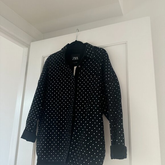 NWT Zara Button Up Shirt Black Denim Oversized Fit Rhinestone Appliques Allover - Picture 6 of 9